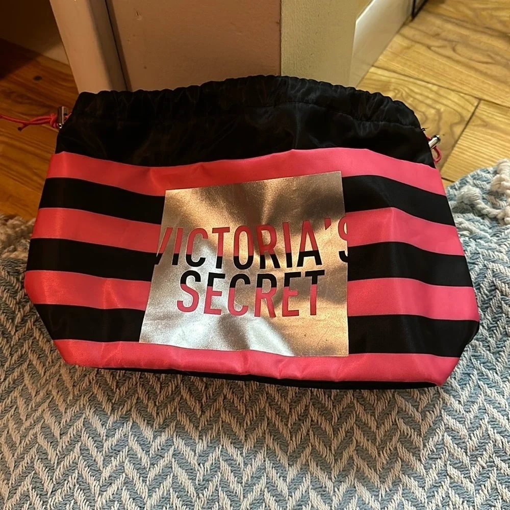 Victoria’s Secret Striped Cinch Top Cosmetic Bag, Pink/Black